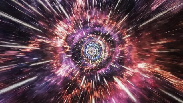 Hyperspace speed travel through a vibrant multiverse portal with glowing light trails and abstract cosmic energy particles moving fast