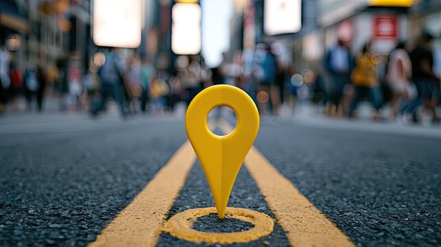 A bright yellow map pin marker stands in the middle of a bustling city street