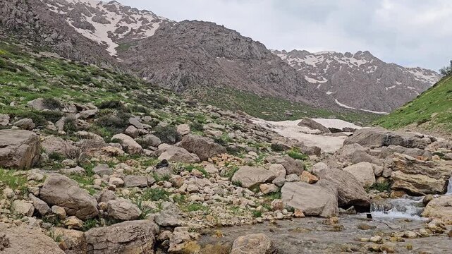A rocky mountain stream cascades over boulders beside a patch of avalanche snow, with green hillsides and rugged snow-capped peaks rising under a cloudy sky.
📍 Hawraman Takht, Kurdistan, Iran 