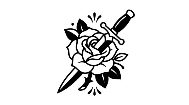 Traditional tattoo flash of rose flower pierced by sharp dagger vector illustration design.