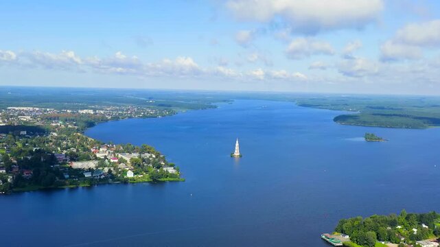 Kalyazin, Russia. The Flooded Belfry of St. Nicholas Cathedral, a solitary Neoclassical campanile rising 74.5 meters from the waters of the Uglich Reservoir. Drone footage