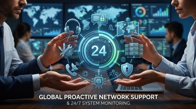 Global proactive network support and 24/7 system monitoring concept with holographic interface, business team analyzing data on screens for IT security, cloud computing and digi...