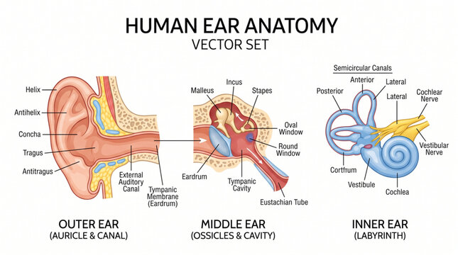 Human Ear Anatomy Vector Set, Detailed Medical Illustrations of Outer, Middle and Inner Ear Structure Isolated on White Background