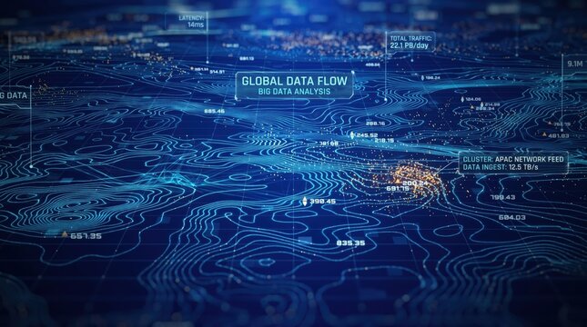 Global data flow visualization showing big data analysis across continents with real-time network traffic metrics latency statistics and APAC cluster ingest rates displayed on f...