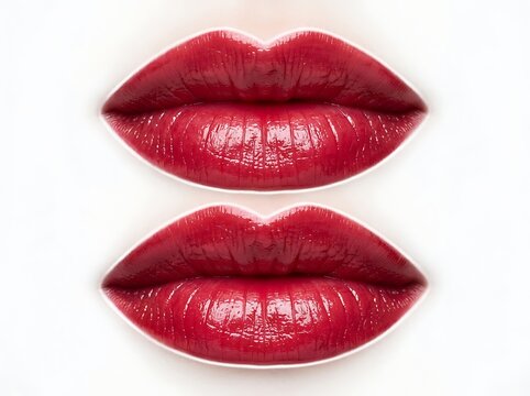 Closeup view of glossy red lips with smooth texture and natural contours isolated perfectly
