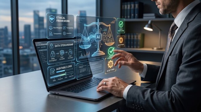 Businessman interacting with holographic ethical framework interface for artificial intelligence on laptop, focusing on data stewardship and auditable logs in digital governance...