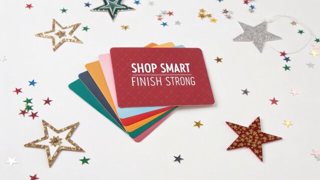 Colorful Motivational Cards on Table Surrounded by Glittering Stars for Inspiration and Positive Energy Boost