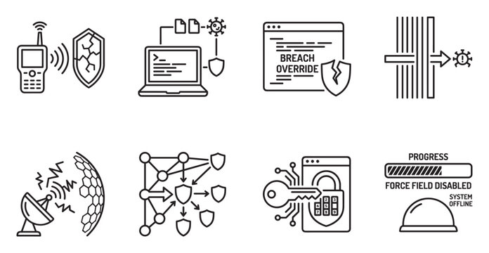 Cybersecurity and defense icons representing threats and protection measures.
