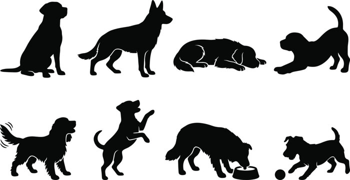 Dog Behavior Silhouette Collection with Sitting Playing Sleeping Eating and Pet Training Poses
