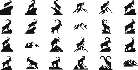 Obraz premium Mountain goat silhouettes set climbing on rocky terrain and peaks with mountain, silhouette