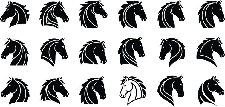 Black horse head silhouettes collection equestrian art and horse profile icons with silhouette
