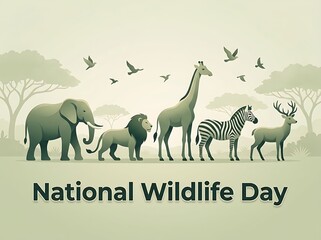 Fototapeta premium Colorful illustration of wild animals celebrating national wildlife day in natural habitat scene