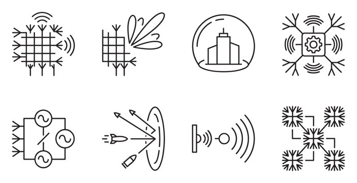 Icons representing smart city technology and defense systems including antennas and drones.