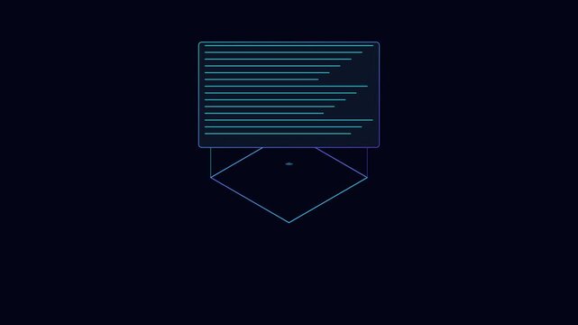 Abstract digital cube with floating data interface and glowing wireframe animation 4k