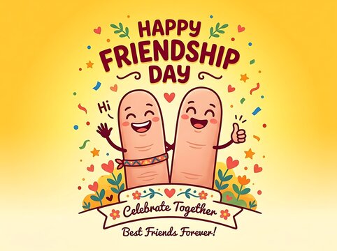 Cute cartoon fingers celebrating friendship day with happy faces and cheerful decorations in vibrant colors