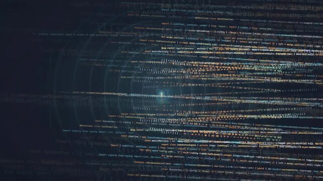 Abstract digital data stream with scrolling computer code and binary numbers on dark blue background