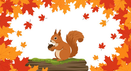 Cute squirrel holding an acorn surrounded by autumn leaves © toni