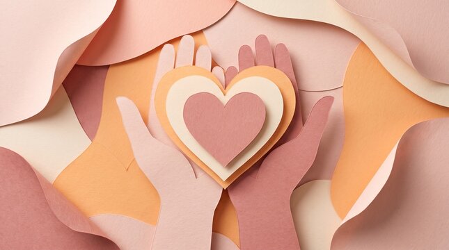 Paper cut illustration of hands holding a layered heart surrounded by abstract wavy shapes