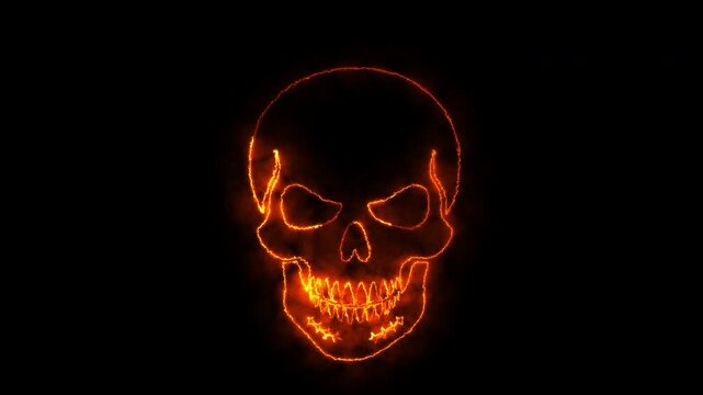 Fiery human skull with glowing outline and burning mouth on black background death symbol.