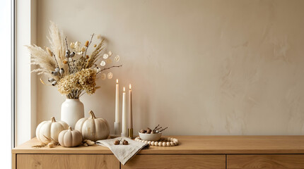 Obraz premium Autumnal Home Decor with Pumpkins Dried Flowers and Candles on Wooden Cabinet.