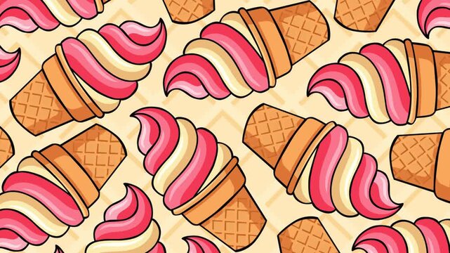 A playful seamless pattern featuring pink and vanilla swirl ice cream cones arranged on a soft cream geometric background, creating a cheerful summer dessert theme for packaging, textiles