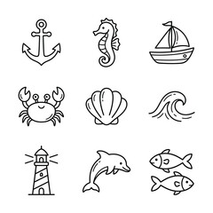 Obraz premium Sea creatures and nautical icons set.