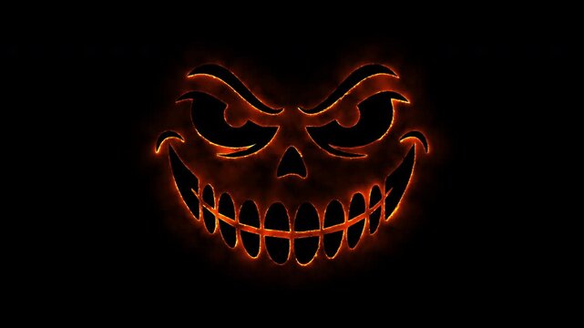 Fiery pumpkin face animation with glowing orange eyes and scary smile for halloween night.