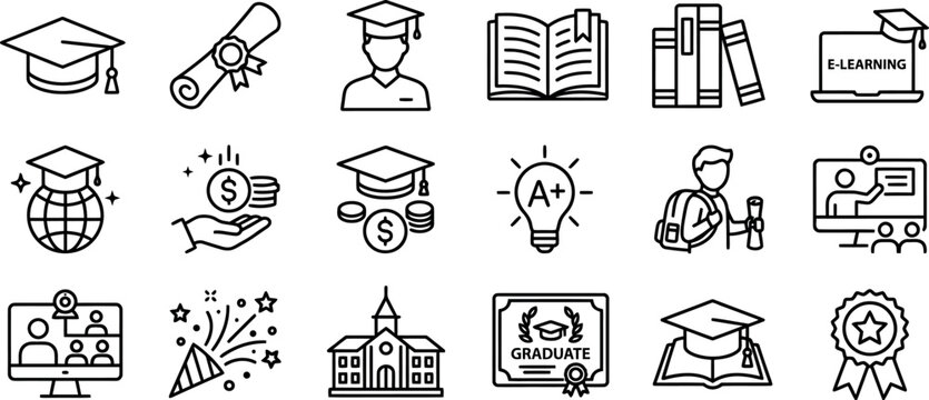 Education icon set graduation e learning and academic success line icons for websites and presentations