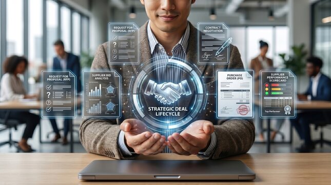 Businessman holding hands over strategic deal lifecycle interface, showing procurement steps like RFP, negotiation, purchase order, and supplier performance scorecard.