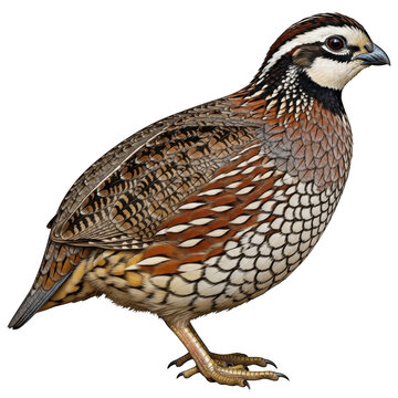 Brown and white spotted quail bird standing on grass isolated on transparent background