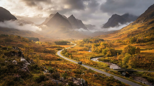 Misty Autumn Drive Through Glencoe Valley in the Scottish Highlands