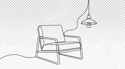 Minimalist continuous one line drawing of a stylish armchair and hanging pendant lamp for modern loft interior design and contemporary furniture decor illustration © Thai