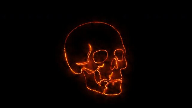 Fiery skull animation with neon glowing outlines isolated on black background for design.