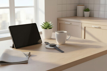 Fototapeta premium Minimalist Smart Technology Workspace with Tablet, Smartwatch, Coffee Cup and Houseplant in Natural Morning Light