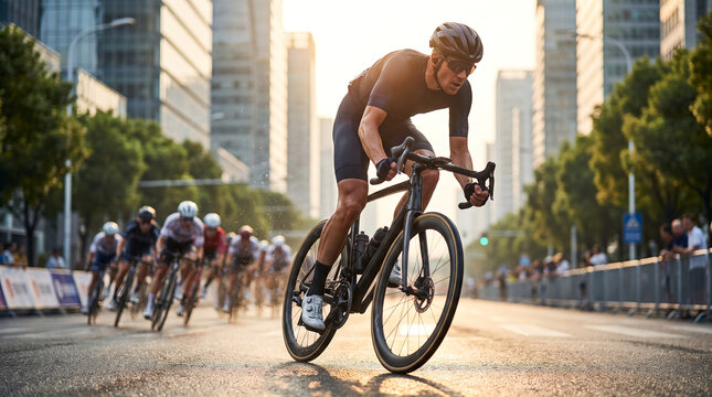 Professional road bicycle racer, in black aerodynamic jersey and helmet, riding fast at the front of a peloton, on a modern city street at golden hour, sports action photography