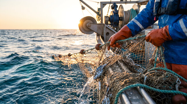 Commercial fisherman in waterproof gear, hands in orange gloves pulling fish net, hauling fishing net onto boat hull, open sea during sunrise, industry photography