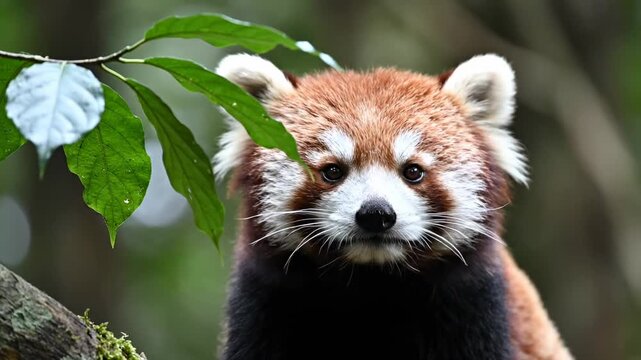 A curious red panda gazes into the lens while resting on a thick tree branch nestled amongst lush green foliage within the depths of its natural habitat in the wild mountains of eastern Asia