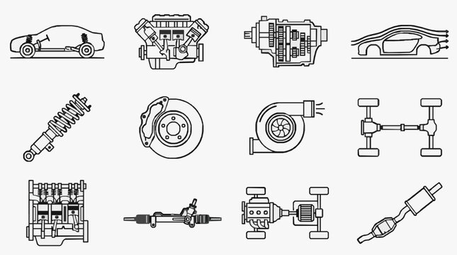 Sleek Black and White Line Drawing Set of Various Car Engine and Suspension Components for Technical Illustrations