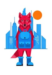 Fototapeta premium Geometric Red Fox Character with Backpack and Boots in a Blue Cityscape Illustration for Urban Adventure Theme