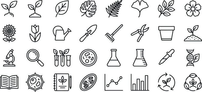 Botanical science icon set line art icons for biology gardening and plant research visual communication