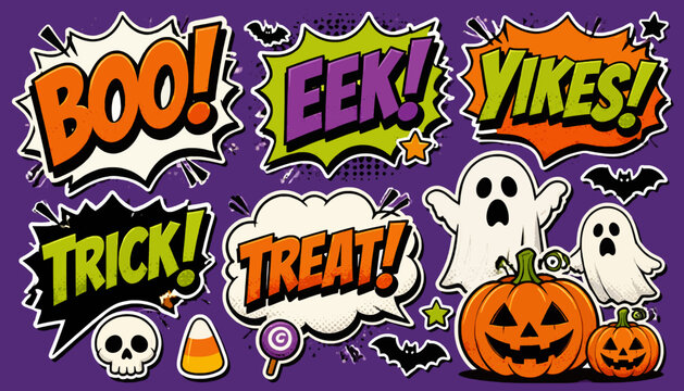 Bold Comic Halloween Typography Vector Sticker Pack with Spooky Words