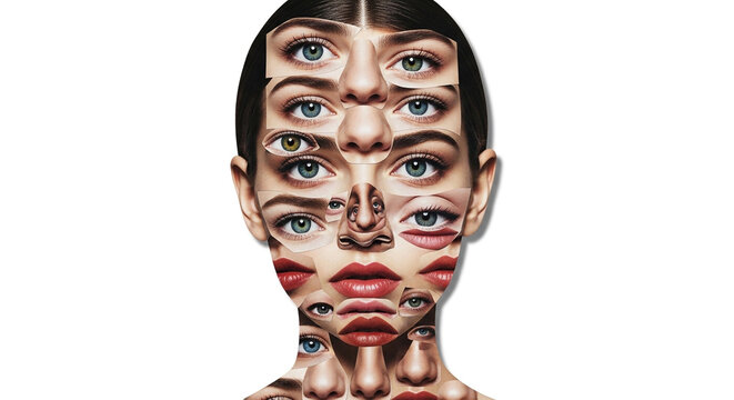 Surreal Face Collage with Multiple Eyes and Lips, Abstract Human Portrait on White Background