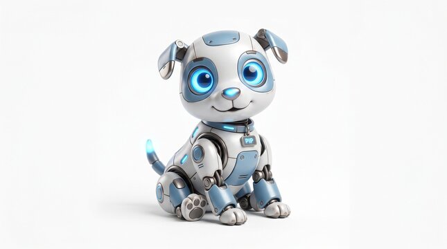 Futuristic robot dog with glowing blue eyes, cute mechanical puppy toy for children, high-tech robotic pet with metallic white and silver plating isolated PNG with Transparent Background