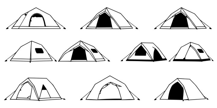 Tents set with minimalist black and white vector illustrations arranged in a 3x3 grid featuring doors, windows, poles with clean lines and sharp contrast