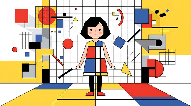 Creative Illustration of a Girl in Geometric Pattern Dress with Abstract Bauhaus and De Stijl Art Background