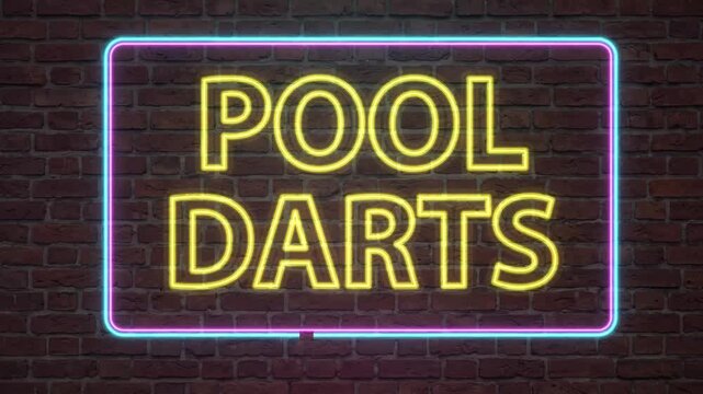 Flickering Neon Pool and Darts Sign on Dark Brick Wall