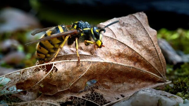 Yellow jacket wasp resting on decaying autumn leaf