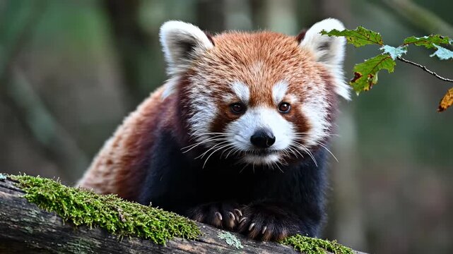A fluffy red panda rests upon a mossy branch inside a dense forest environment showcasing the unique fur pattern and bright expressive eyes of this rare mammal species during a pleasant
