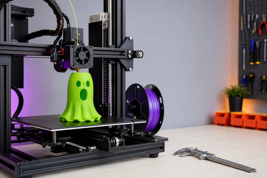 Halloween 3D Printer Making Green Ghost Vessel with Copy Space