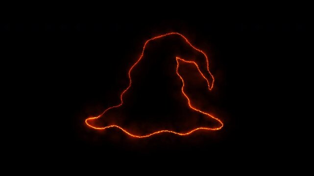 Fiery wizard hat neon animation glowing orange electrical energy lines on black background.